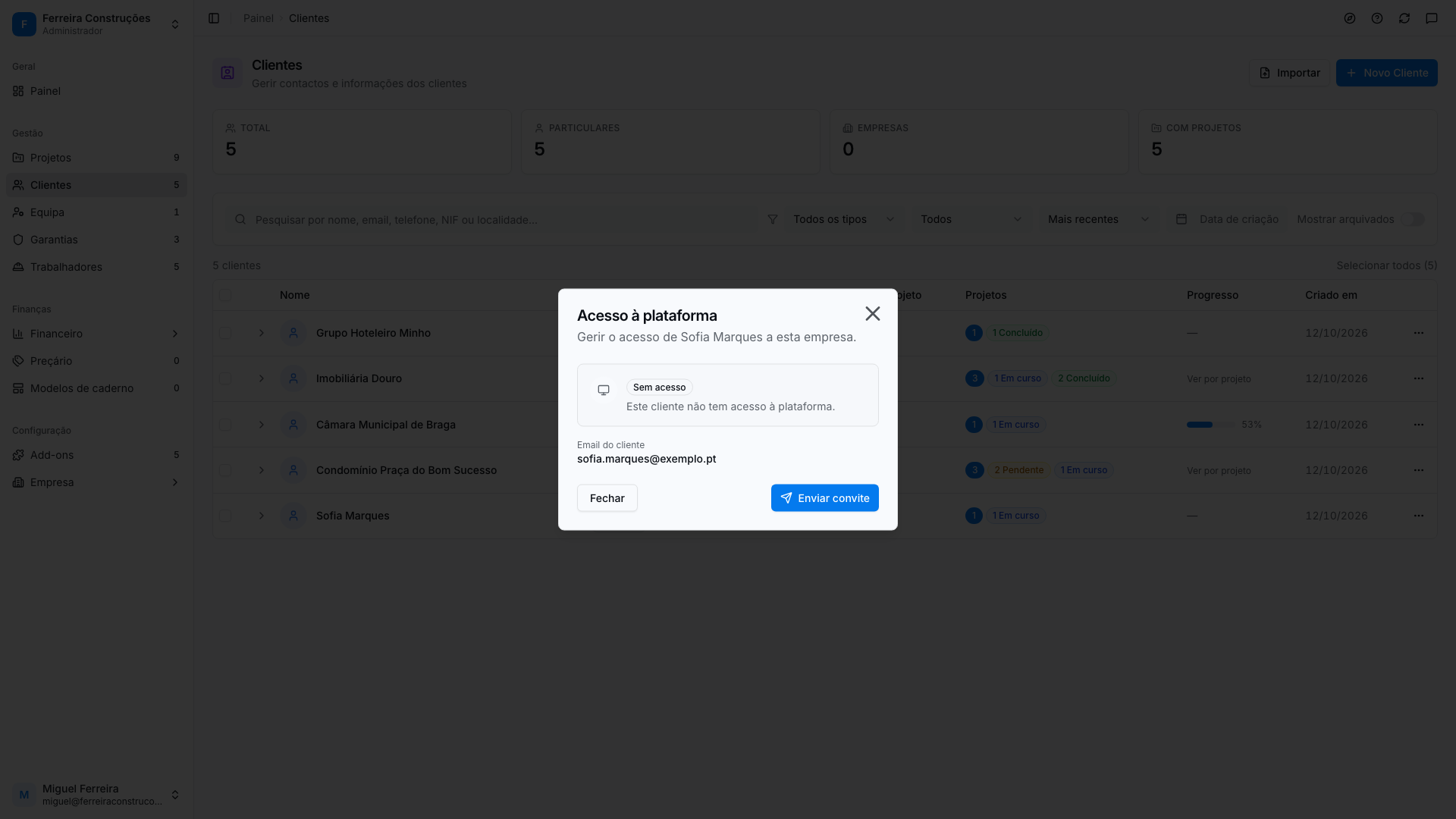 Janela Acesso à plataforma de um cliente sem acesso, com o botão Enviar convite