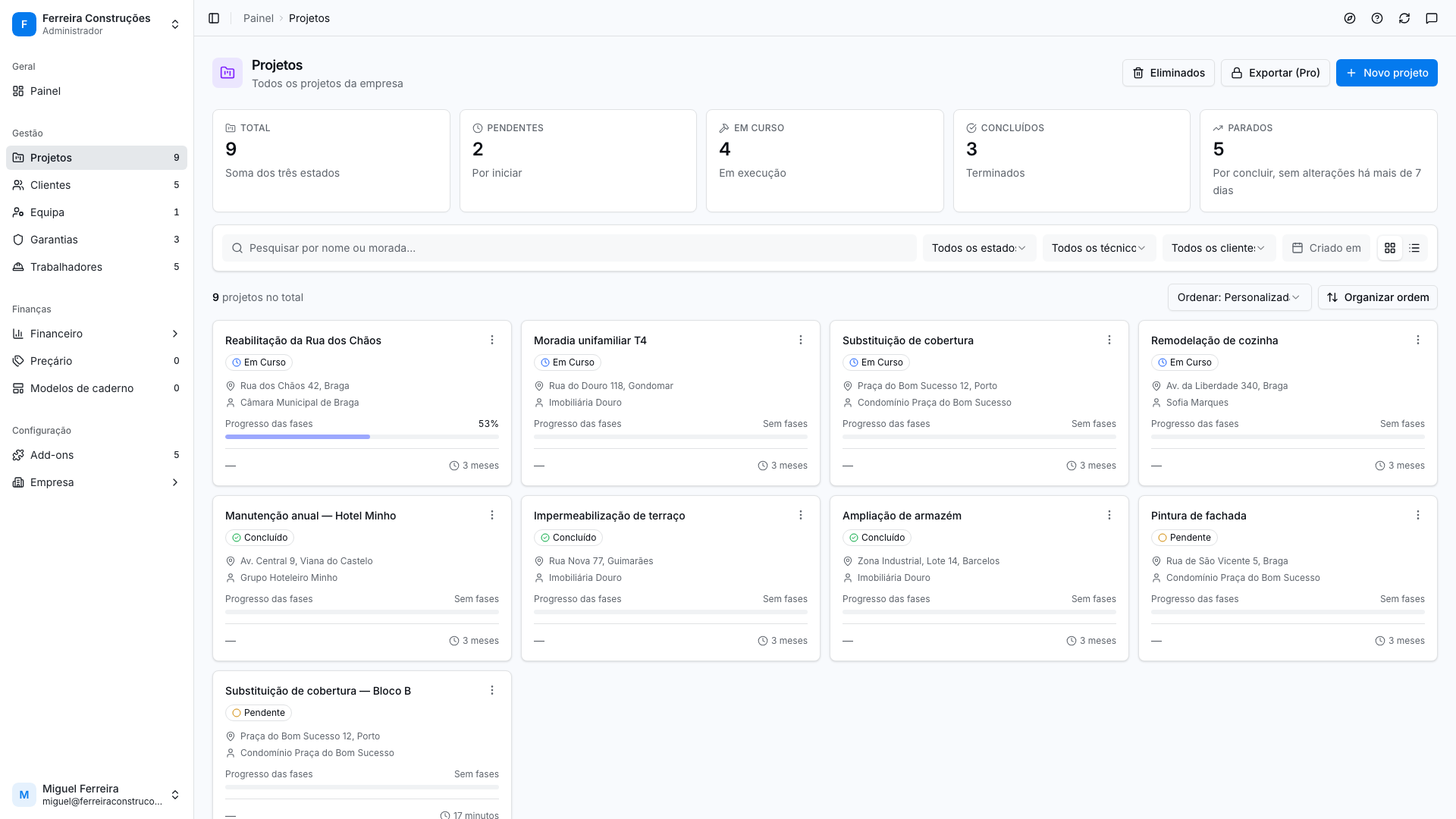 Cartões de resumo dos projetos, cada um com uma linha que explica o que conta